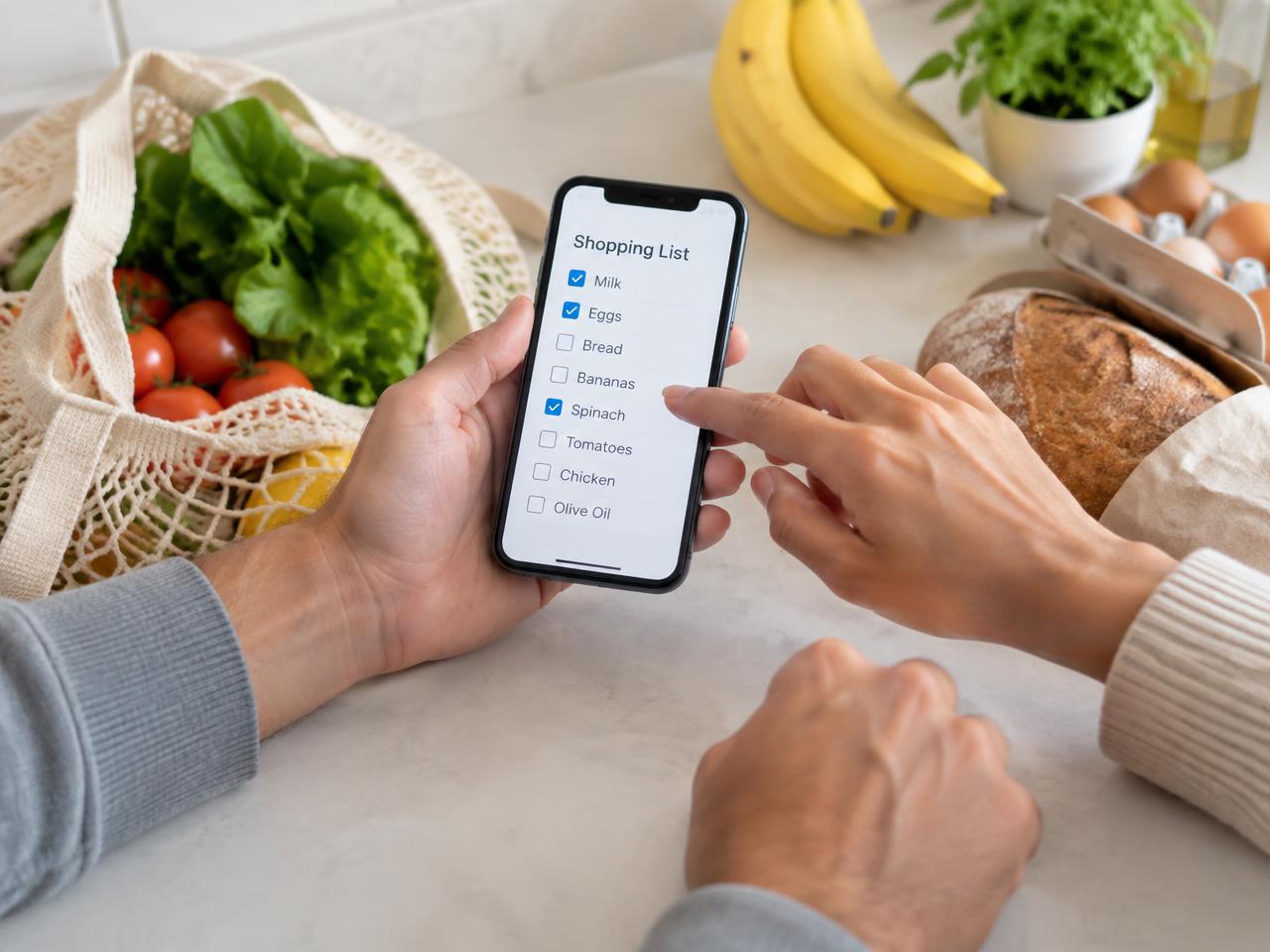 Two people checking off a shared shopping list on one phone